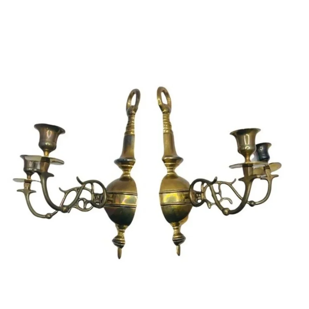 Pair of Vintage Gilt MetalBrass Double Handle Sconces Wall Mount Made in India - Picture 11 of 16